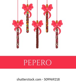 Pepero card design template with hanging sticks and bows for South Korean holiday. Assorted biscuits covered with chocolate and sprinkles on white background. Food vector illustration.
