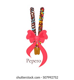 Pepero card design template with South Korean sticks and a bow. Assorted biscuits covered with chocolate and festive sprinkles on white background. Food vector illustration.
