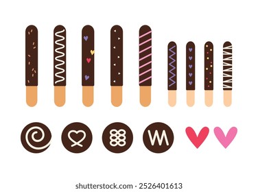 Pepero chocolate stick cookies and various design round chocolate dessert illustration. Flat vector clip art for Pepero Day in Korea.   