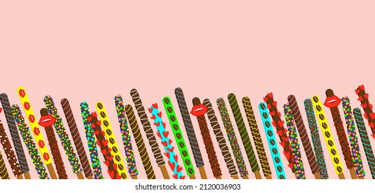 Pepero day. Background of biscuit sticks. Sweet straws in chocolate sprinkled with sugar icing. Vector illustration isolated.