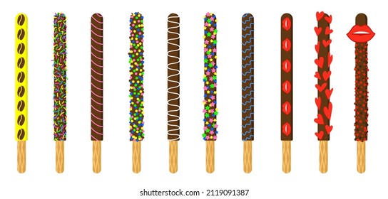 Pepero day. Biscuit sticks in chocolate. Icing colorful geometric shapes. Pocky straw stick set. Vector illustration isolated.