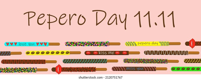 Pepero day. Border of biscuit sticks. Sweet straws in chocolate sprinkled with sugar icing. Vector illustration.