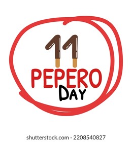 Pepero day calendar date vector illustration isolated on white background. 11 November date with chocolate dipped biscuit sticks and text in hand drawn red circle