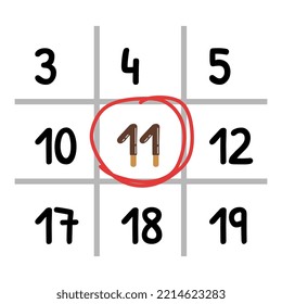 Pepero day calendar date vector illustration isolated on white background. Date 11 November on part of calendar grid with chocolate dipped biscuit sticks and text marked by hand drawn red circle