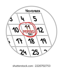 Pepero day calendar date vector illustration isolated on white background. Date 11 November with chocolate dipped biscuit sticks and text marked by hand drawn red circle