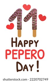 Pepero day celebration card vector illustration. 11 November date with chocolate dipped biscuit sticks and red hearts isolated on white background