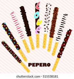 Pepero Day . South Korean chocolate sticks. Assorted biscuits covered with chocolate and festive sprinkles isolated on pink striped background. Food vector illustration.