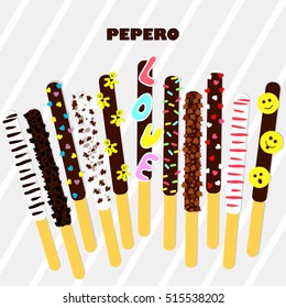 Pepero Day . South Korean chocolate sticks. Assorted biscuits covered with chocolate and festive sprinkles isolated on gray striped background. Food vector illustration.