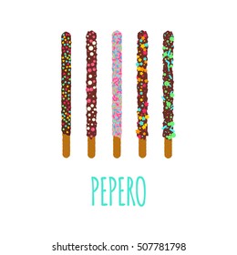 Pepero poster design template with South Korean sticks. Assorted biscuits covered with chocolate and festive sprinkles on white background. Food vector illustration.
