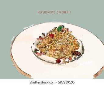 peperoncino spaghetti , Dibujo manual vectorial ilustración de espaguetis con salsa de arrabbiata picante en un plato.