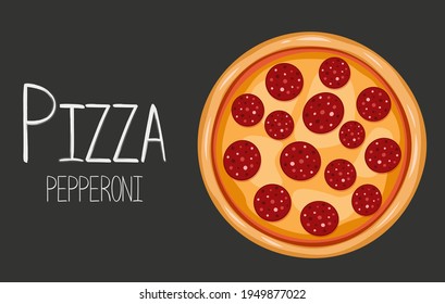 Pancarta de pizza de Peperoni en un fondo oscuro. Vector de comida tradicional italiana. Pizzería de entrega.
