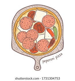 Peperoni Pizza with hot salami and mozzarella and tomato, sketching illustration