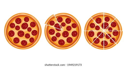 Peperoni ambientado en estilo de caricatura. Círculo de la pizza de pancartas y rodajas. Aislado sobre un fondo blanco. Ilustración para entrega de pizza. Alimentos calientes de Italia
