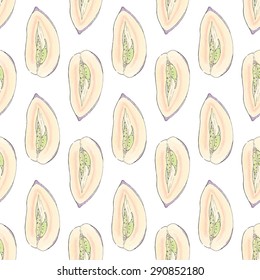 Pepino melon. Seamless pattern with fruits. Hand-drawn background. Vector illustration. Real watercolor drawing.