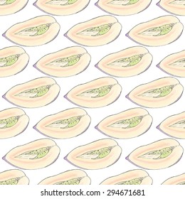 Pepino melon. Seamless pattern with fruits. Hand-drawn background. Vector illustration. Real watercolor drawing.