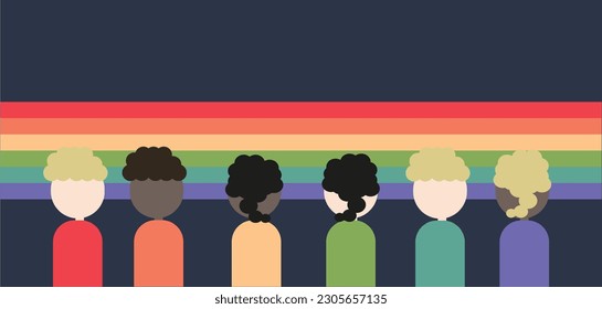 Die Leute schauen sich die Regenbogenflagge an und feiern Stolz Monat, Woche oder Tag Vektorgrafik. LGBTQ unterstützt Social-Media-Banner oder Postvorlagen,