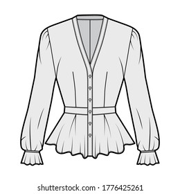 Peplum blouse technical fashion illustration with, V-neckline, baseball collar, romantic sleeves, pleated hem, fitted. Flat shirt apparel template front, grey color. Women men unisex top CAD mockup