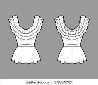Peplum blouse technical fashion illustration with 3 layers of ruffles along the diamond neckline, back zip fastening. Flat apparel shirt template front, back, white color. Women men unisex top mockup