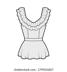 Peplum blouse technical fashion illustration with 2 layers of ruffles along the diamond neckline, back zip fastening. Flat apparel shirt template front, grey color. Women men unisex top CAD mockup