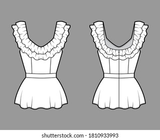 Peplum blouse technical fashion illustration with 2 layers of ruffles along the diamond neckline, back zip fastening. Flat apparel shirt template front, back, white color. Women men unisex top mockup