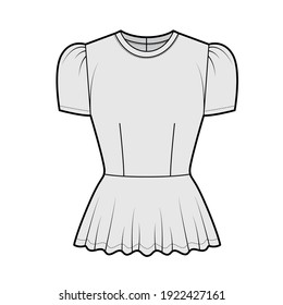 Peplum blouse technical fashion illustration with puff short cap sleeves, scoop neck, fitted body. Flat shirt apparel top template front, grey color. Women, men unisex CAD mockup