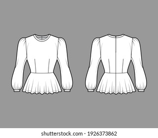 Peplum blouse technical fashion illustration with bouffant long sleeves, scoop neck, fitted body. Flat shirt apparel top template front, back, white color. Women, men unisex CAD mockup