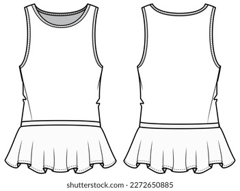 Peplum blouse top design flat sketch fashion illustration with front and back view vector template. Sleeveless peplum tank top cad drawing vector template 