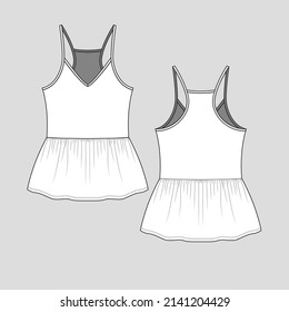 peplum camisole top fashion sleeveless fashion cad mock up  flat sketch technical drawing template design vector