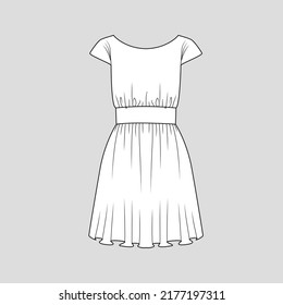 Peplum gathering Dress Boat Neck Kimono Sleeve Waist panel gathering Ruffles  t shirt top blouse Dresses  flat sketch technical drawing template design vector