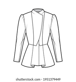Peplum hem jacket technical fashion illustration with fitted body, long gigot sleeves, wrap collar opening. Flat coat template front, white color style. Women, men, unisex top CAD mockup