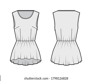 Peplum high low hem top technical fashion illustration with bonded round neck, sleeveless, side zip fastening. Flat apparel blouse template front, back, white color. Women men unisex shirt CAD mockup
