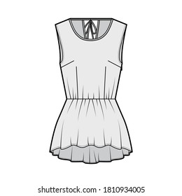 Peplum High Heem Top technische Modegrafik mit Rückenstäbchen am runden Hals, Ärmellose, Einbaukörper. Flache Bekleidungsbluse Vorlagenfront, graue Farbe. Frauen Männer Unisex-Shirt-CAD-Modell