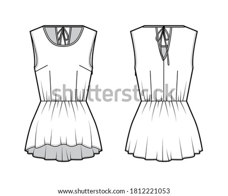 Peplum high low hem top technical fashion illustration with back ties at the round neck, sleeveless, fitted body. Flat apparel blouse template front back white color. Women men unisex shirt CAD mockup