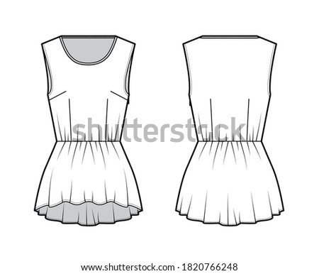 Peplum high low hem top technical fashion illustration with bonded round neck, sleeveless, side zip fastening. Flat apparel blouse template front, back, white color. Women men unisex shirt CAD mockup