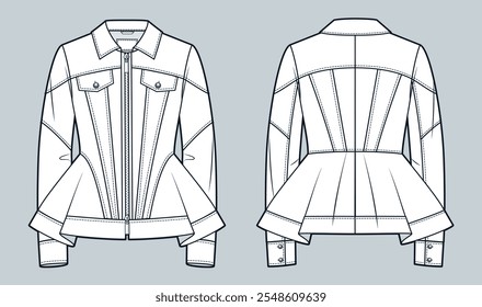 Peplum Jacket technical fashion Illustration. Zipped Denim Jacket fashion flat technical drawing template, cuff sleeves, collar, front and back view, white, womens, girls CAD mockup.