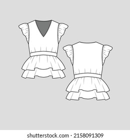 Peplum Ruffles sleeve top v neck ruffles sleeve detail peplum waist dress fashion blouse t shirt top flat sketch technical drawing template design vector