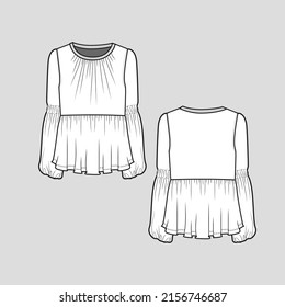 peplum smocked lantern sleeve top Crew neck gatherings peplum ruffle hem smocking gathering sleeve detail flare fashion t shirt top blouse clothing flat sketch technical drawing template design vector