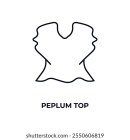 ícone da estrutura de tópicos superior do peplum. Vetor linear do conceito de roupas. Linha fina peplum ícone superior isolado no fundo branco