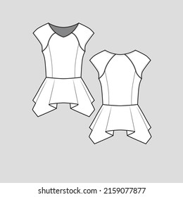 Peplum top v cuello raglan protector de la manga de la cintura rallado rúbricas desiguales cad de la cabeza arriba vestido de túnica plano sketch plano diseño de plantilla técnica de dibujo vector