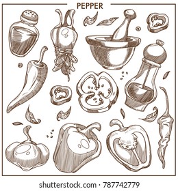 Pepper of all kinds isolated monochrome illustrations set