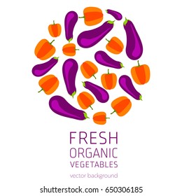 Pepper, aubergine, abstract vegetable postcard, fresh organic vegetables, vector illustration, healthy eating, vector background