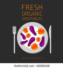 Pepper, aubergine, abstract vegetable postcard, fresh organic vegetables, vector illustration, healthy eating, vector background