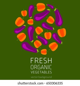 Pepper, aubergine, abstract vegetable postcard, fresh organic vegetables, vector illustration, healthy eating, vector background