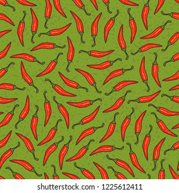 pepper background- vector illustration. Vector hot chili peppers seamless pattern. On a green background with hot chili pepper dots