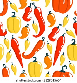 Pepper, bell pepper and chili seamless pattern. Red pepper pattern. Orange, yellow, red, sweet spice cartoon. Vector illustration on white background.