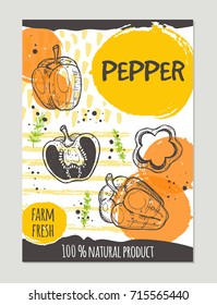 Pepper brochure concept design. Retro background. Hand drawn vector illustration. Can be used for street festival, farmers market, country fair, shop, menu, cafe, restaurant, poster, banner.