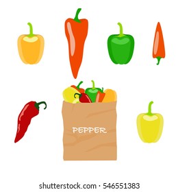 Pepper in brown paper bag on white background. Stock vector illustration with different kinds of vegetable isolated and packed for healthy food shopping.