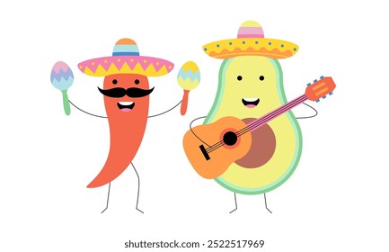 Pimenta e maracas. Personagem abacate tocando guitarra, usando um sombrero. Comida, música, ilustrações divertidas. Cinco de Mayo - 5 de maio, feriado federal no México. Caráter mexicano alegre