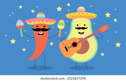 Pimenta e maracas. Personagem abacate tocando guitarra, usando um sombrero. Comida, música, ilustrações divertidas. Cinco de Mayo - 5 de maio, feriado federal no México. Caráter mexicano alegre