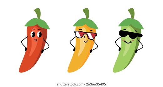 Pepper character set with funny sunglasses, flirty face and expressive poses — isolated vegetable illustration for kids, food design, emoji stickers, packaging, printable clipart

